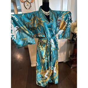 Vintage Teal Satin Kimono Tiger & Dragon Japanese Rare Kanji Tag Boho Grunge 